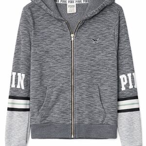 VS PINK Grey Zip Hoodie Varsity Stripe Logo Sweater Medium– Priced to Sell $16